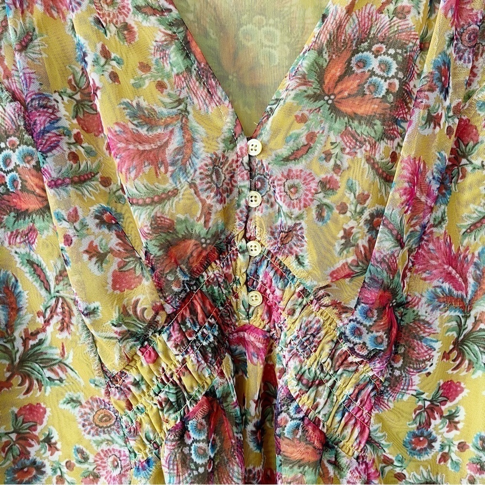 By Anthropologie Medium Gretchen Smocked Floral Print Tunic Top Mesh Mustard - Picture 4 of 11